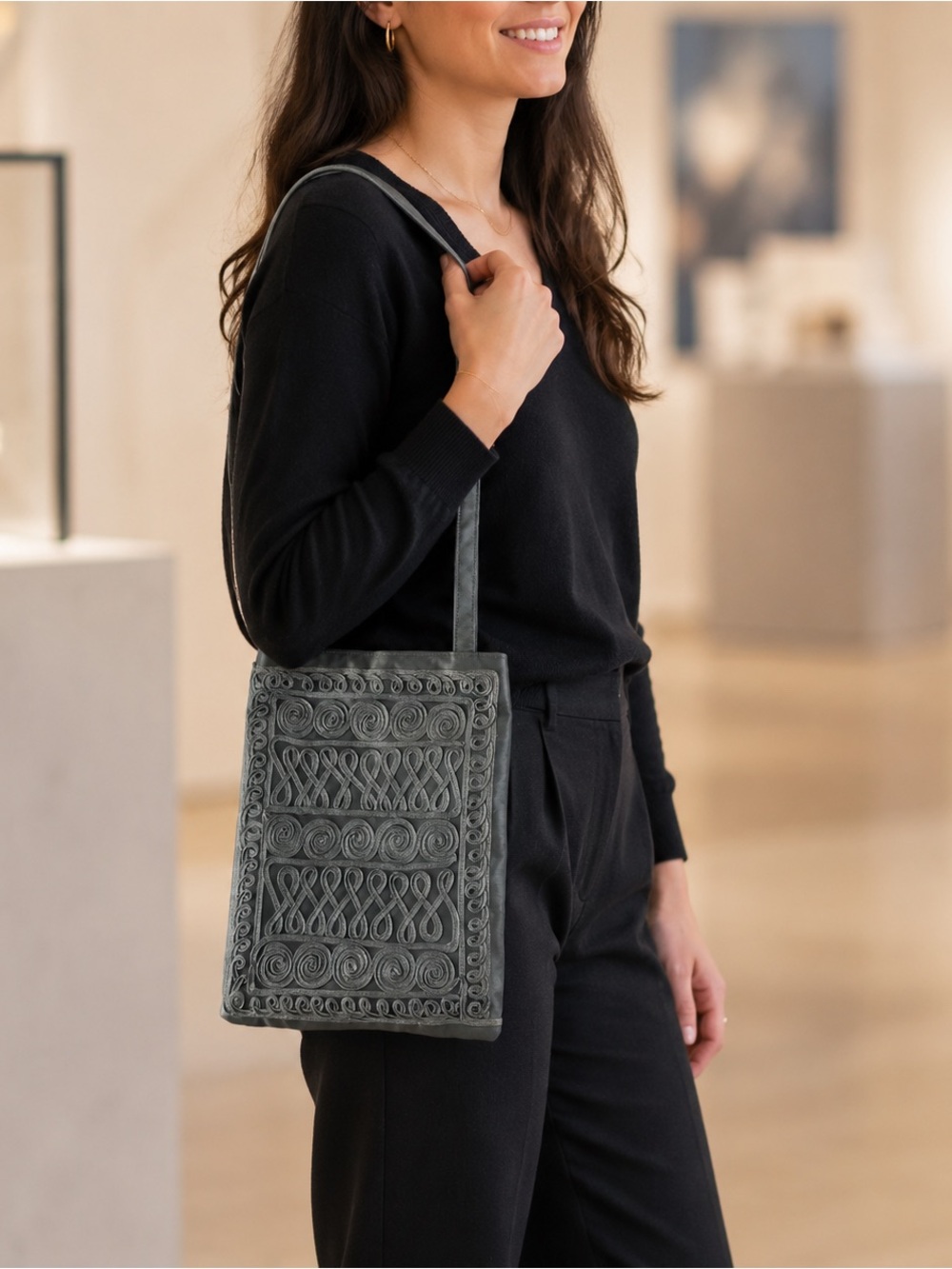 Metallic Pewter Cord Embroidered Shoulder Bag 9x12 Boho Evening Purse